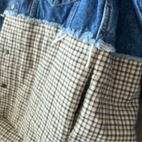 SANDRO PARIS Denim Plaid Hybrid Jacket Cropped  Shacket Trucker Coat Overshoot - Picture 5 of 12